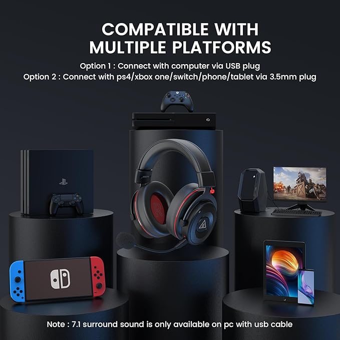 EKSA E900 Pro USB Gaming Headset for PC - Computer Headset with Detachable Noise Cancelling Mic, 7.1 Surround Sound, 50MM Driver - Headphones with Microphone for PS4/PS5, Xbox One, Laptop, Office