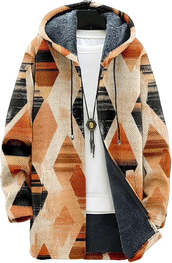 2025 Men's Ethnic Pattern Hooded Jacket Long Cardigan Hoodies Full Zip Vintage Knitted Zipper Coat with Pocket