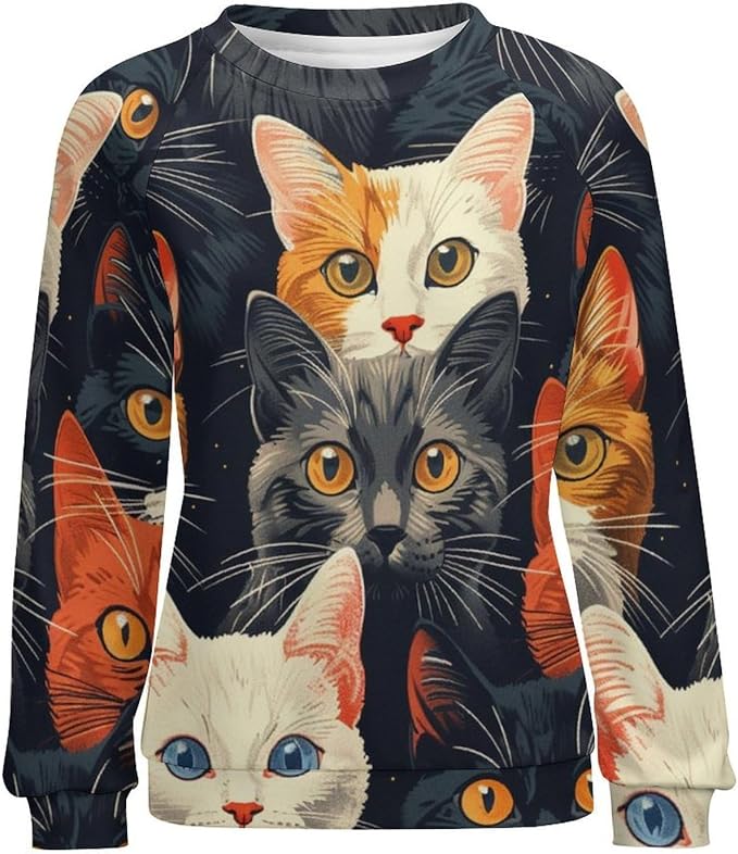 Fall Sweaters for Women 2024 Cat Print Long Sleeve Casual Crewneck Warm Fall Pullover Comfy Fashion Sweatshirts