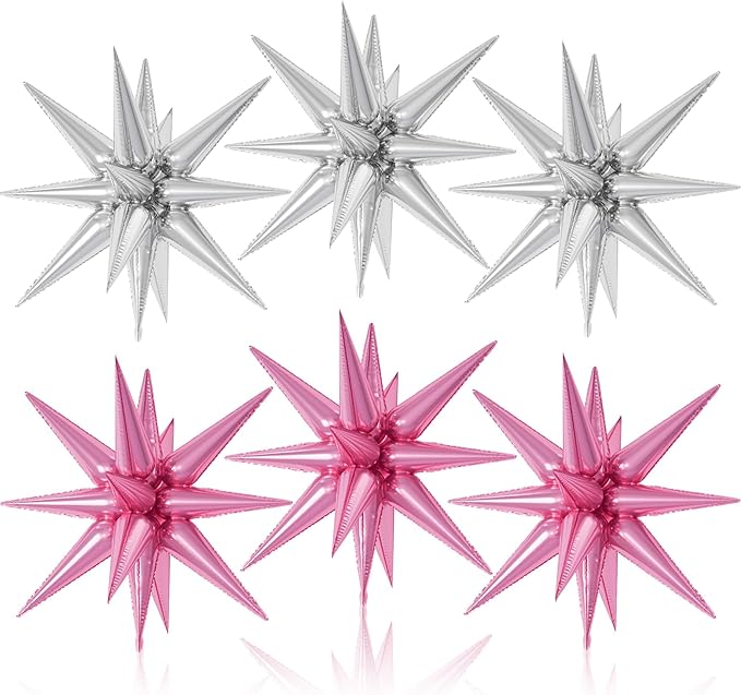 6PCS Star Balloons, 22Inch Large Pink Silver Star Balloon Explosion Foil Balloons Cone Spike Balloon for Birthday Graduation Wedding Anniversary Party Backdrops Decorations