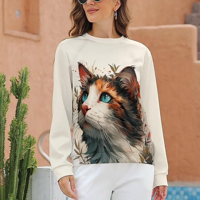 Sweatshirt for Women Cat Print Fashion Funny Plus Size Ladies Dressy Crewneck Casual Trendy Tee Shirts