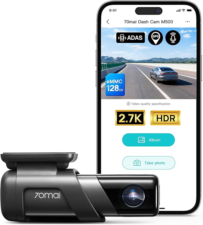 70mai Dash Cam M500, 2.7K Dash Cam Front, Dash Camera for Cars Built in eMMC 128GB, GPS, ADAS, Dashcam with HDR Night Vision,170° FOV, Parking Monitor, G-Sensor, Time-Lapse, App&WiFi, Voice Control