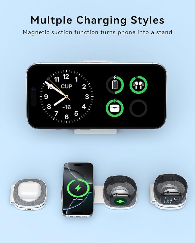 Flodable 2 in 1 Mag-Safe Wireless Charger for iPhone 16 15 14 13 12 Series,Apple Watch Series/Ultra/SE,Airpods/Pro,Portable Magsafe Charger 3 in 1 Wireless Charging Station (Grey with 20W PD Charger)