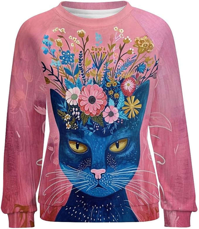 Sweatshirt for Women Cat Print Fashion Funny Plus Size Ladies Dressy Crewneck Casual Trendy Tee Shirts