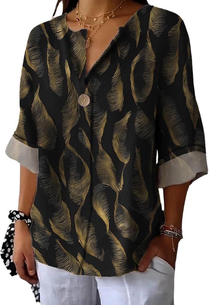 Fashion Shirts for Women Loose Fit Button Down V Neck Blouse 3/4 Sleeves Casual Tunic Tops Summer Outfits