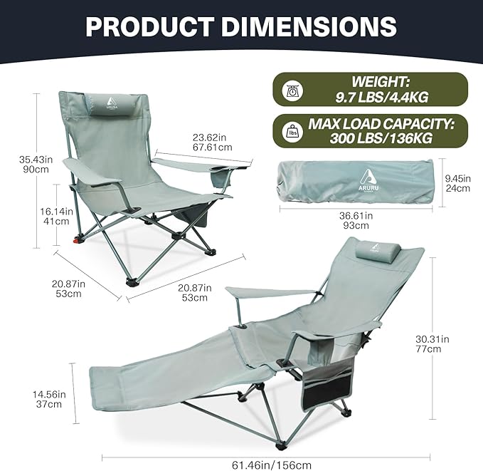 2-in-1 Reclining Camping Chair, Portable Folding Beach Lounge Chair with Footrest & Adjustable Backrest, Comfortable Lawn Chair for Adults Heavy Duty with Cup Holder for Outdoor Poolside Sports