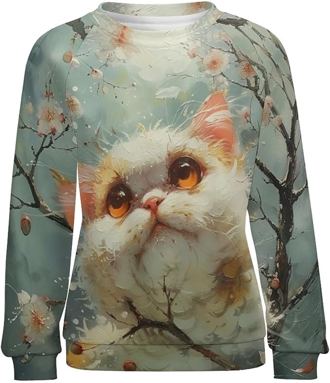 Sweatshirt for Women Cat Print Fashion Funny Plus Size Ladies Dressy Crewneck Casual Trendy Tee Shirts