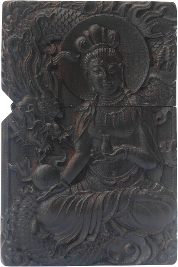 Natural Ebony Black Wood Carved Lighter Shell Box For Zippo Module (Kwan Yin Goddess Dragon)