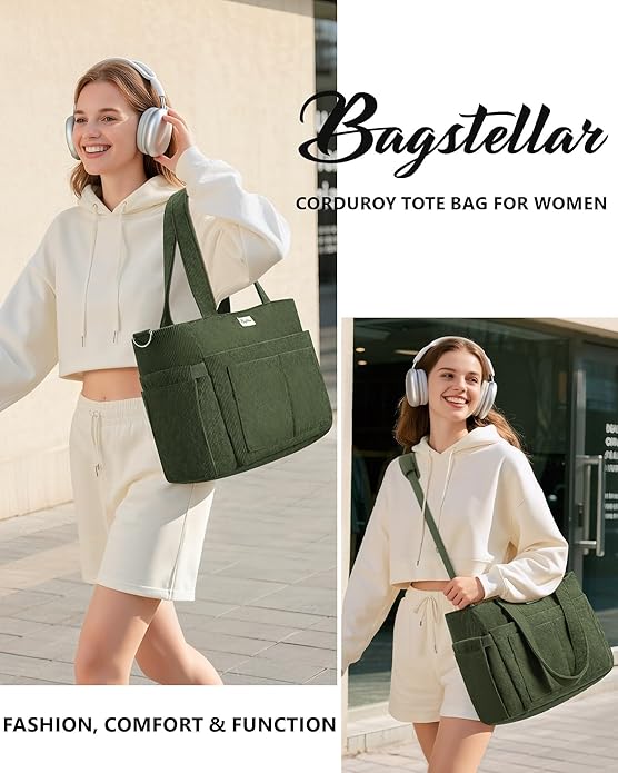 Corduroy Tote Bag for Women, 17 Pockets Laptop Work Tote Lightweight Teacher Nurse Bible Shoulder Bag for School Daily Travel