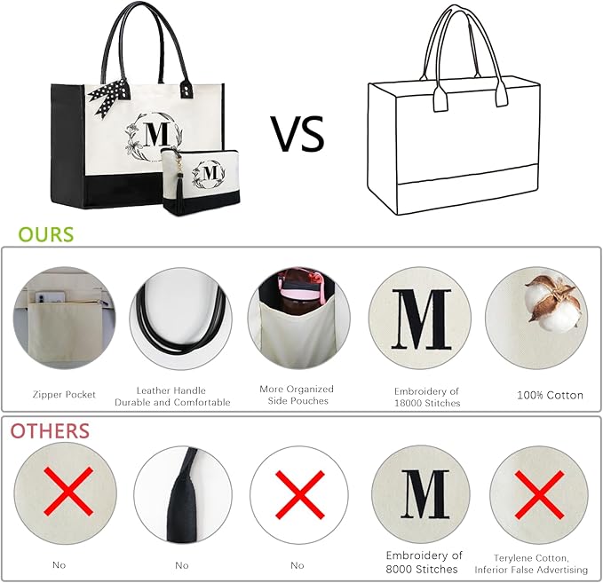 BeeGreen Christmas Gifts Birthday Teacher Appreciation Gift for Mom Women Friends Mother Initial Canvas Tote Bags Personalized Embroidery Monogram Bags with Leather Handle L