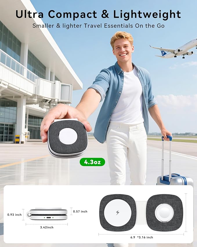 Flodable 2 in 1 Mag-Safe Wireless Charger for iPhone 16 15 14 13 12 Series,Apple Watch Series/Ultra/SE,Airpods/Pro,Portable Magsafe charger 3 in 1 Wireless Charging Station (Black with 20W PD Charger)