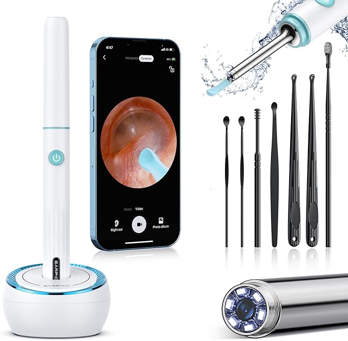 Ear Wax Removal Tool, Earwax Removal Kit with 7 Pcs Ear Set, Ear Cleaner with Camera, Ear Camera with Light, Ear Cleaner Camera with 8 Ear Spoon, Ear Cleaner for iOS & Android - White