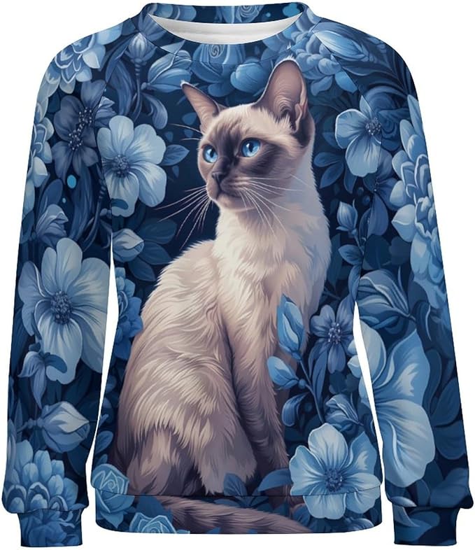 Sweatshirt for Women Cat Print Fashion Funny Plus Size Ladies Dressy Crewneck Casual Trendy Tee Shirts
