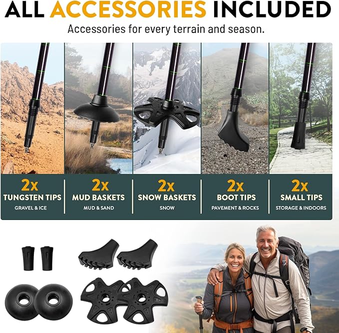 100% Carbon Fiber Trekking Poles by USA Brand - Ultra Strong Lightweight Collapsible Hiking Poles with Cork and EVA Foam Grips & Quick Adjustable Flip Locks