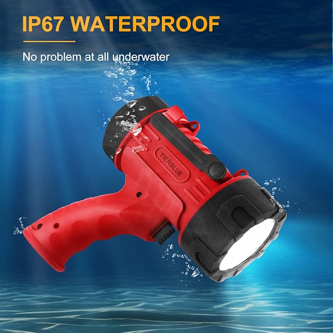 YIERBLUE Rechargeable Spotlight Flashlight with 100,000 High Lumen LED, IP67 Waterproof Long Running Spot Light searchlight, Impact Resistant Handheld Spotlight with Foldable Stand and Red Lens
