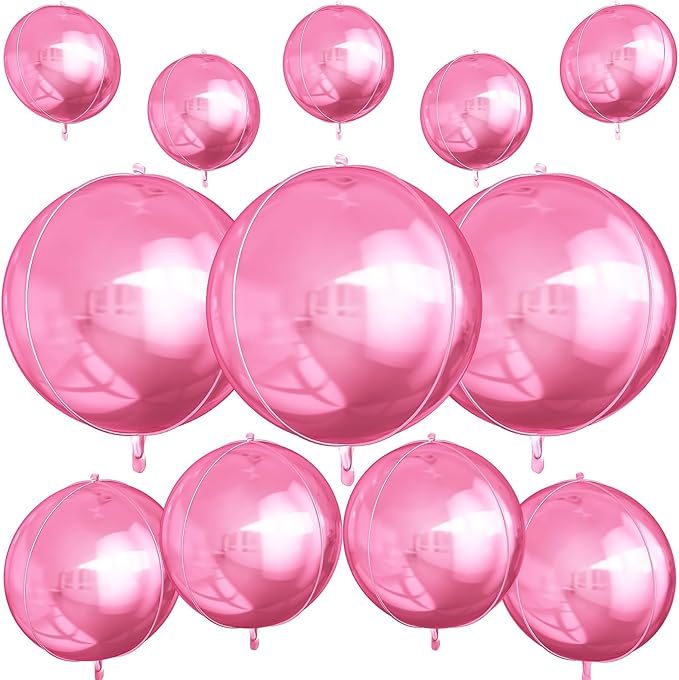 12Pcs Pink Round Foil Balloons, 22" 15" 10" 4D Helium Ball Balloon, Metallic Pink Foil Balloon for Birthday Valentine's Day Graduation Wedding Anniversary Disco Prom Party Decorations