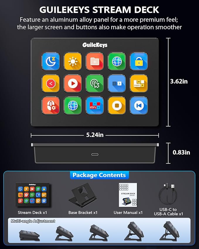 Stream Controller, Stream Deck with 15 Macro Keys Customizable, Gaming Macro Keypad with Trigger Actions in OBS/Twitch/YouTube/Streamlabs/Discord/Zoom, Compatible with Mac/PC, Foldable Stand