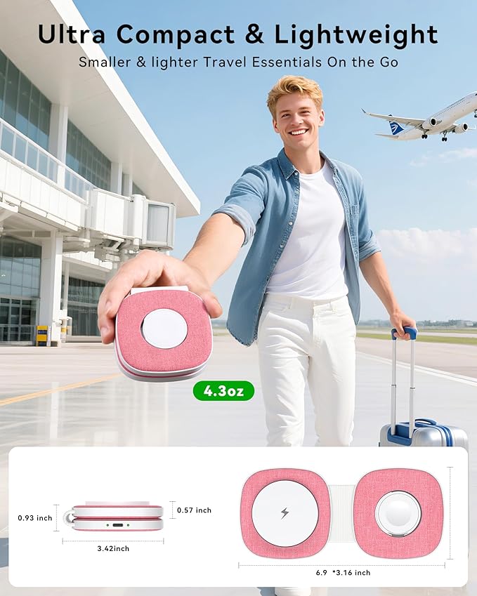 Flodable 2 in 1 Mag-Safe Wireless Charger for iPhone 16 15 14 13 12 Series,Apple Watch Series/Ultra/SE,Airpods/Pro,Portable Magsafe Charger 3 in 1 Wireless Charging Station (Pink with 20W PD Charger)