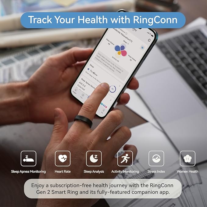 RingConn Gen 2, World’s First Smart Ring with Sleep Apnea Monitoring, No APP Subscription, 12-Day Battery Life, Stress/Heart Rate/Women's Health Tracker, Android & iOS Compatible (Black, Size 12)