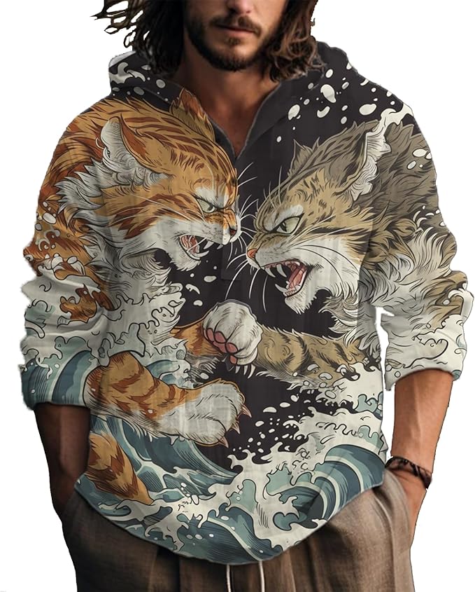 MARSVOVO Hooded Long Sleeve Shirt Men Fashion Graphic Button Up Lightweight Big and Tall Casual Vacation Shirts for Men