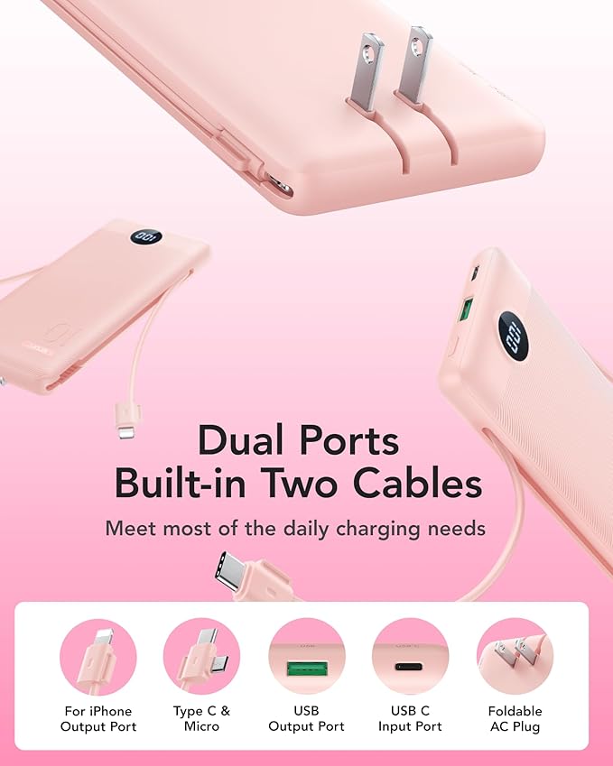 VRURC Portable Charger Power Bank with Wall Plug, 10000mAh Portable Charger with Built in Cables, PD 20W Fast Charging Portable Charger with Cords External Charger Travel Accessories-Pink(1 Pack)