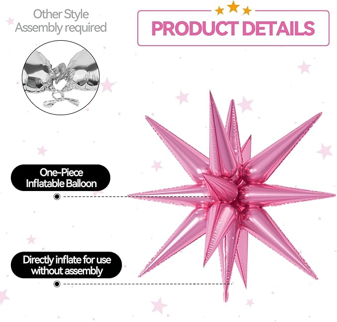 6PCS Star Balloons, 22Inch Large Pink Star Balloon Explosion Foil Balloons Cone Spike Balloon for Birthday Graduation Wedding Anniversary Party Backdrops Decorations