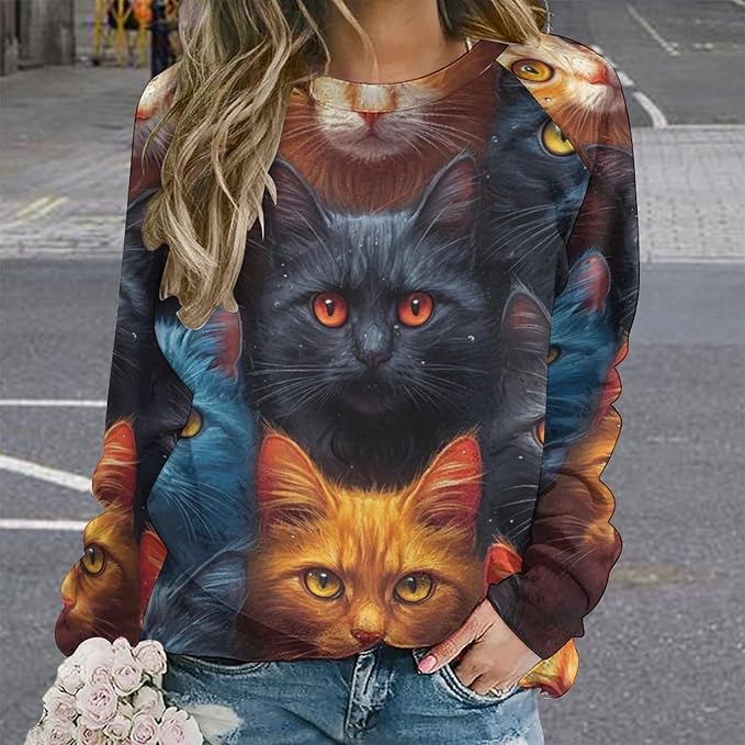 Long Sleeve Shirt Women Fall Cat Print Funny Hide Belly Vacation Plus Size Ladies Hippie Dressy Sweaters