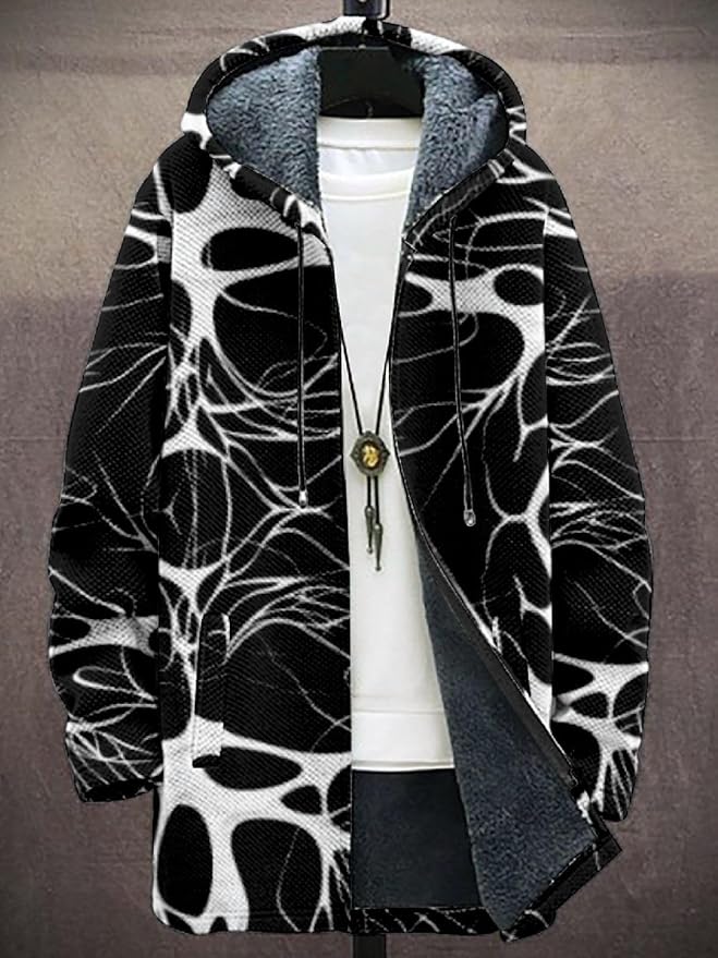 2025 Men's Ethnic Pattern Hooded Jacket Long Cardigan Hoodies Full Zip Vintage Knitted Zipper Coat with Pocket