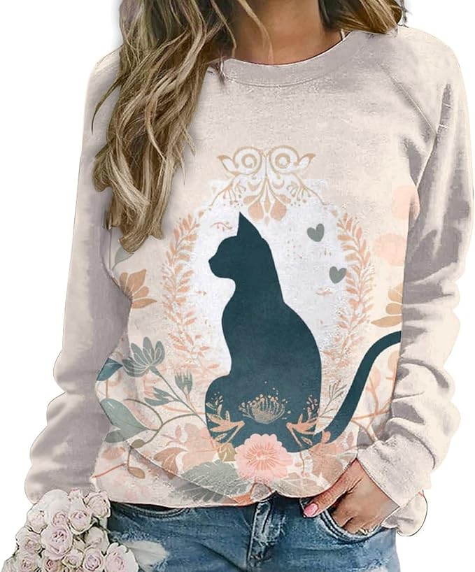 Sweatshirt for Women Cat Print Fashion Funny Plus Size Ladies Dressy Crewneck Casual Trendy Tee Shirts