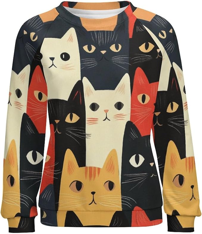 Fall Sweaters for Women 2024 Cat Print Long Sleeve Casual Crewneck Warm Fall Pullover Comfy Fashion Sweatshirts