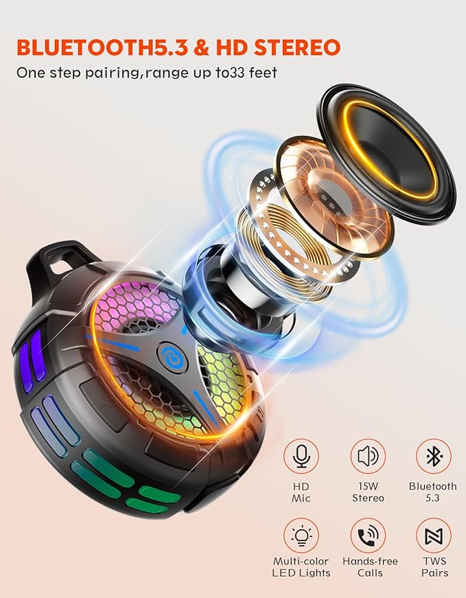 Shower Bluetooth Speaker, Small Portable Bluetooth Wireless IPX7 Waterproof Outdoor Speakers, Loud Stereo Sound Deep Bass, TWS Pairs, 6 Mode RGB Lights, for All Ages (Blue)
