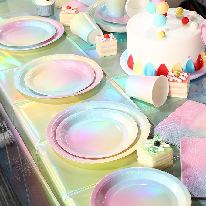 Iridescent Pastel Rainbow Party Decorations - Serve 50, Holographic Pastel Paper Plates and Napkins, Disposable Iridescent Rainbow Plates, Cups, Napkins for Girls Birthday, Wedding, Baby Shower