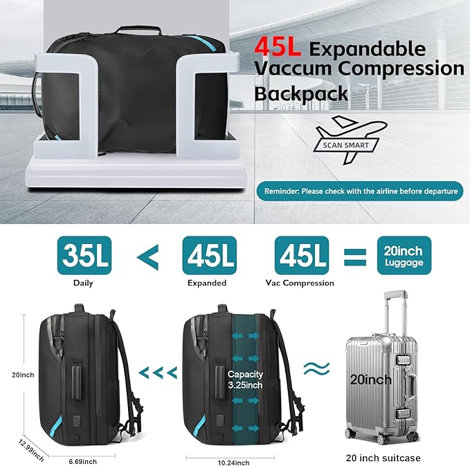 Vacuum Compression Backpack with Pump, Extra Large Capacity 45L Expandable Travel Backpack, Water Resistant 17.3" Laptop Backpack with USB Charging Port for Men & Women