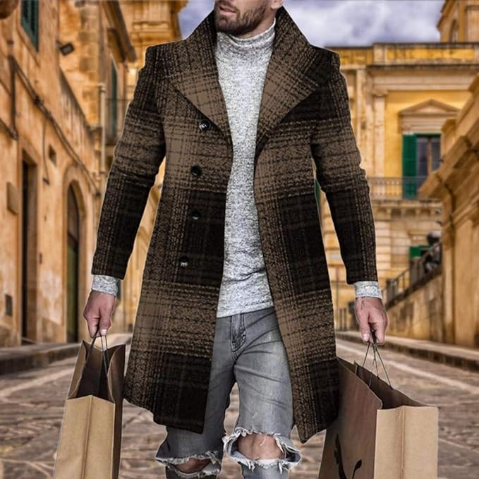 Men's Plaid Long Trench Coat Mid - Length Lapel Collar Button Down Warm Overcoat for Winter & Autumn Fashion