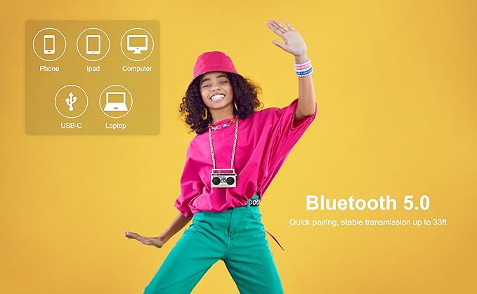 Portable Mini Bluetooth Wireless Speaker Retro Wearable Boombox, 27 Inch Necklace, FM Radio, On Board Buttons, Dual 6W Peek Power Micro Speakers, Long Lasting Battery