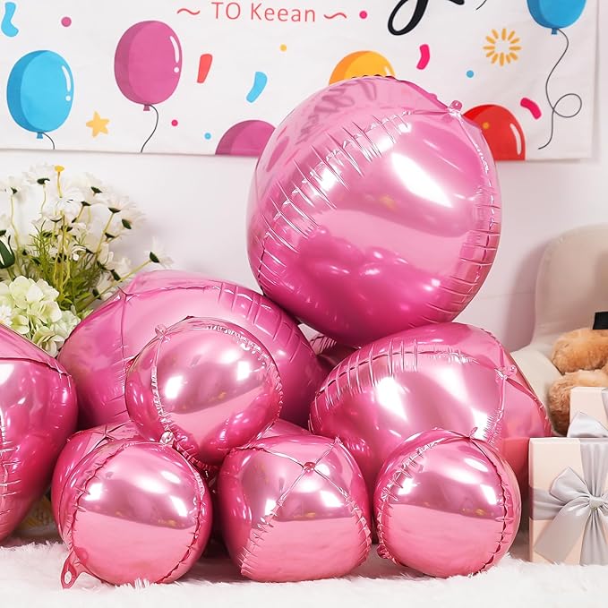 12Pcs Pink Round Foil Balloons, 22" 15" 10" 4D Helium Ball Balloon, Metallic Pink Foil Balloon for Birthday Valentine's Day Graduation Wedding Anniversary Disco Prom Party Decorations