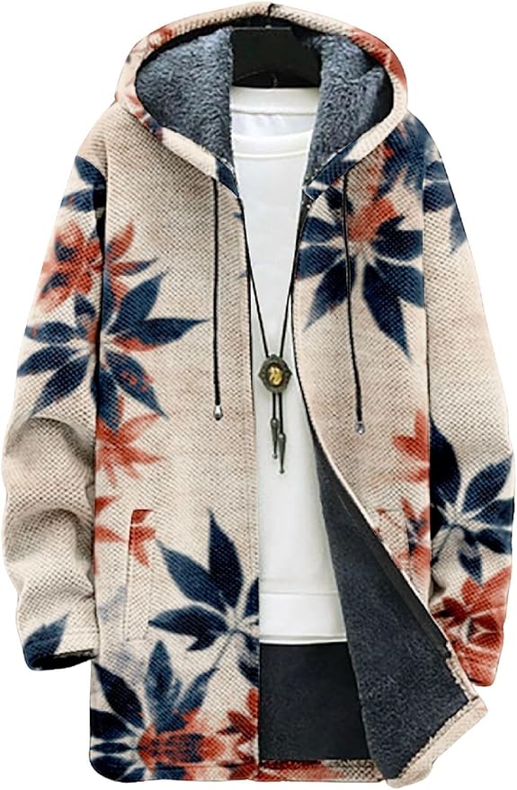 2025 Men's Ethnic Pattern Hooded Jacket Long Cardigan Hoodies Full Zip Vintage Knitted Zipper Coat with Pocket
