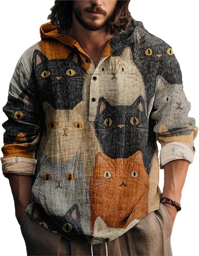 MARSVOVO Mens Japanese Art Long Sleeve Hooded Shirts Lightweight Quarter Button Hoodie Casual Cool Tops for Spring Fall