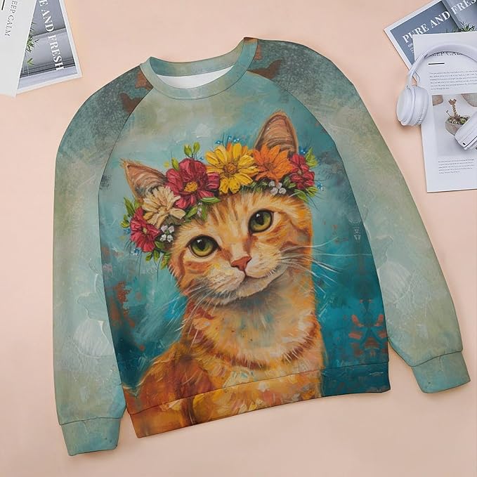 Sweatshirt for Women Cat Print Fashion Funny Plus Size Ladies Dressy Crewneck Casual Trendy Tee Shirts