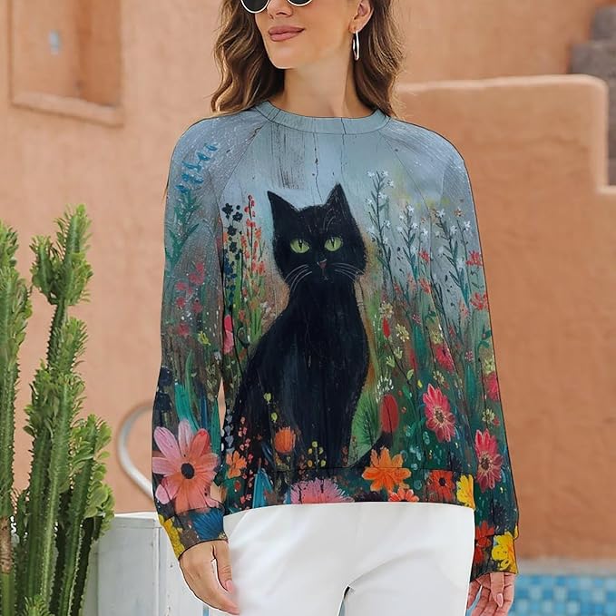 Sweatshirt for Women Cat Print Fashion Funny Plus Size Ladies Dressy Crewneck Casual Trendy Tee Shirts