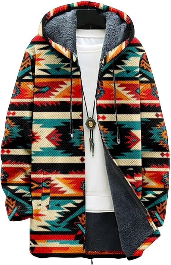2025 Men's Ethnic Pattern Hooded Jacket Long Cardigan Hoodies Full Zip Vintage Knitted Zipper Coat with Pocket