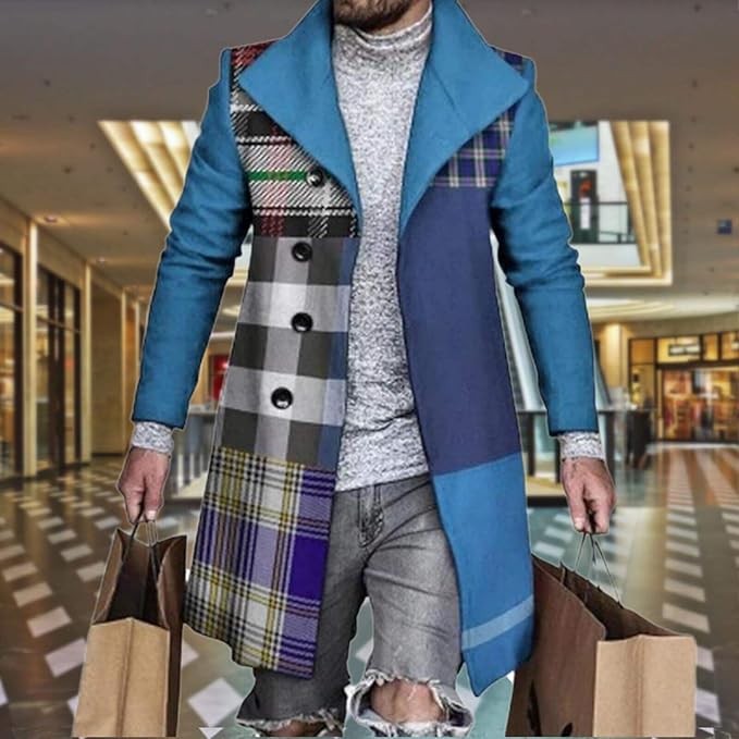 Men's Plaid Long Trench Coat Mid - Length Lapel Collar Button Down Warm Overcoat for Winter & Autumn Fashion