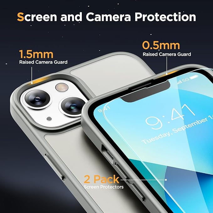 Miracase Magnetic for iPhone 13 Case 6.1 inch (Compatible with MagSafe)（with 2X Screen Protectors） Military-Grade Protection, Anti-Fingerprint Translucent Matte Phone Case Cover, Gray