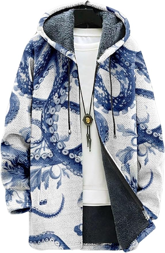 2025 Men's Ethnic Pattern Hooded Jacket Long Cardigan Hoodies Full Zip Vintage Knitted Zipper Coat with Pocket