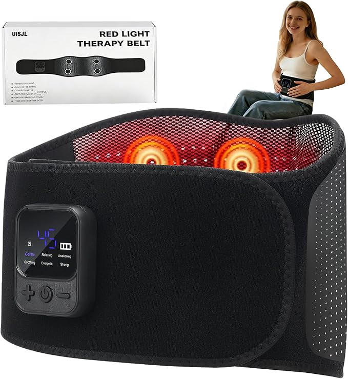 Cordless Back Massager Belt, Red Light Therapy Back Massager with 6 Heat, 6 Vibration for Pain Relief Deep Tissue, 4 Motors with Heating Pad for Back, Gifts for Women Men Mom Dad