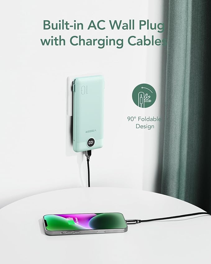 VEGER Portable Charger with Built-in AC Plug and Cables, All in One 10000mAh Ultra Slim Power Bank Travel Essentials, 15W Fast Charging Battery Pack Compatible with iPhone, Samsung, Android (Green)