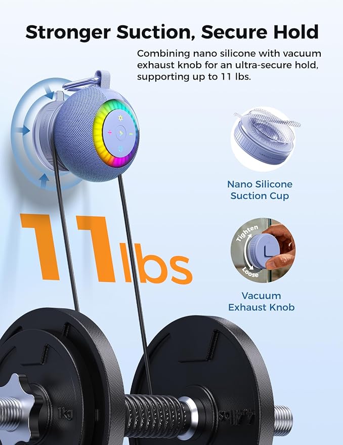 Shower Speaker Bluetooth Waterproof Portable: 360° Surround Sound, IPX7 Suction Cup Removable with Vacuum Exhaust Knob, 2 IN1, RGB Lights, BT5.4, TWS, Pool/Beach/Kayak, Gifts for Adults Teens-Blue