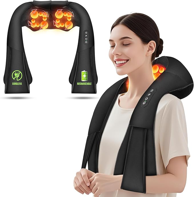 Cordless Shiatsu Neck and Shoulder Massager, Back Massager with Heat,Massage Deeper Tissue 4D Kneading Massage for Shoulder, Neck and Back, Use at Home, Office, Car - Gifts for Fathers Day Dad Gift