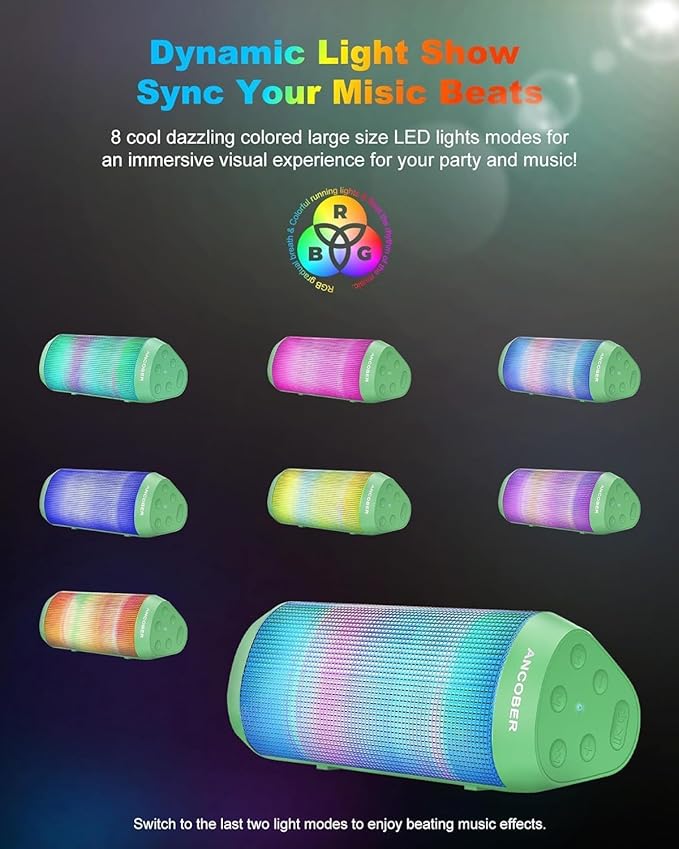 Bluetooth Speaker with Lights, Stocking Stuffers for Men Women Teens Boys Girls, Portable Wireless, IPX4 Waterproof, White Elephant Gifts for Adults, HD Sound, TWS Pair, for Home/Party/Outdoor