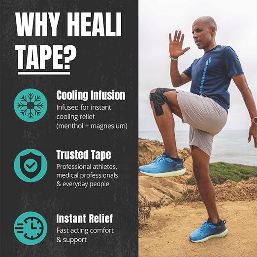 Heali Kinesiology Tape with Magnesium and Menthol, 3 Pack, Each w/ 20 Precut Strips, K Tape Roll, Knees, Physical Therapy Sports Tape for Knees, Joints & Muscles, Water Resistant, Black Inspo